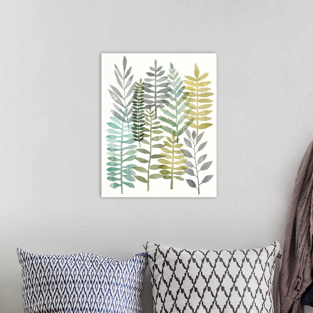 A bohemian room featuring Watercolor painting of stalks of long frond of leaves.