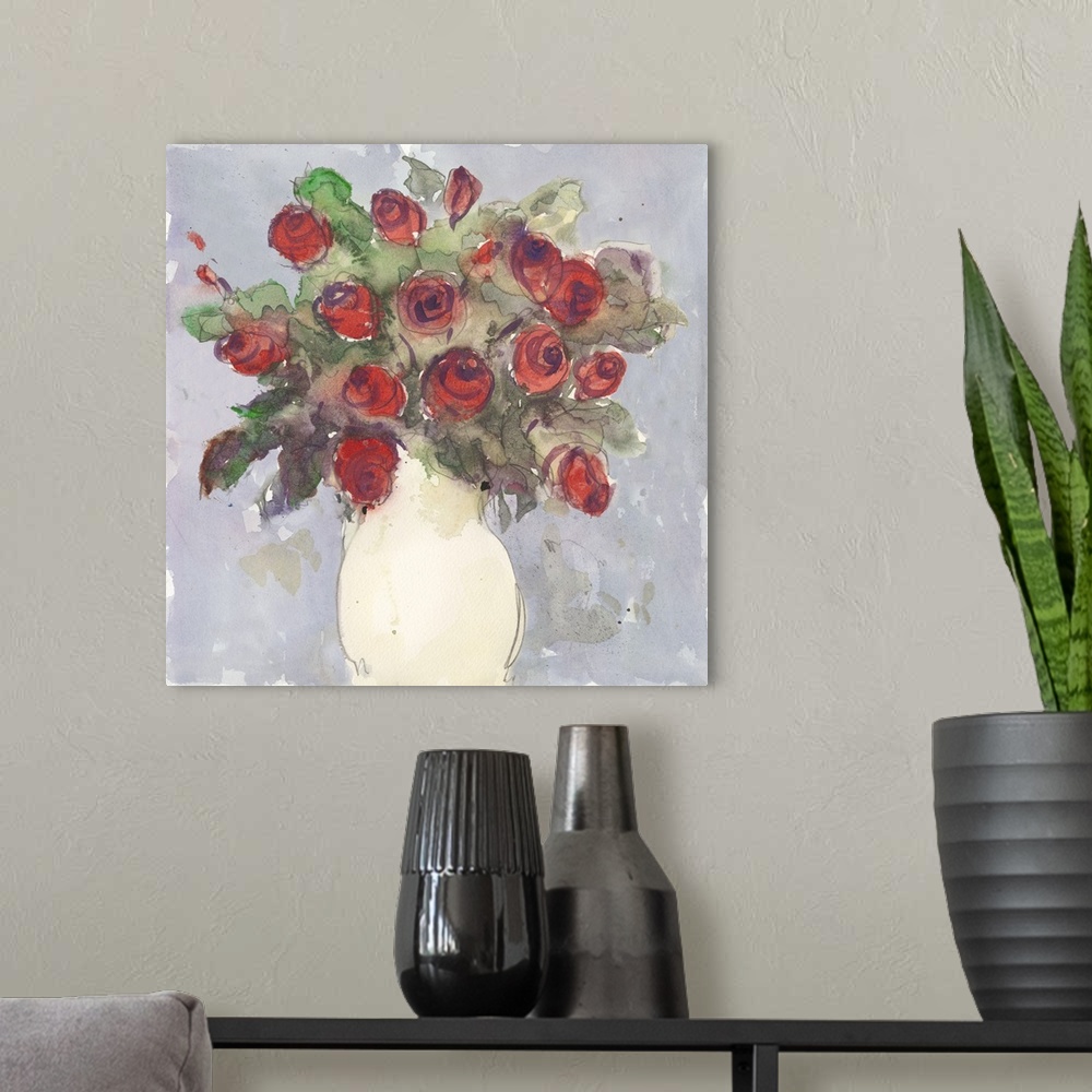 A modern room featuring Watercolor painting of a bouquet of red roses in a white vase.
