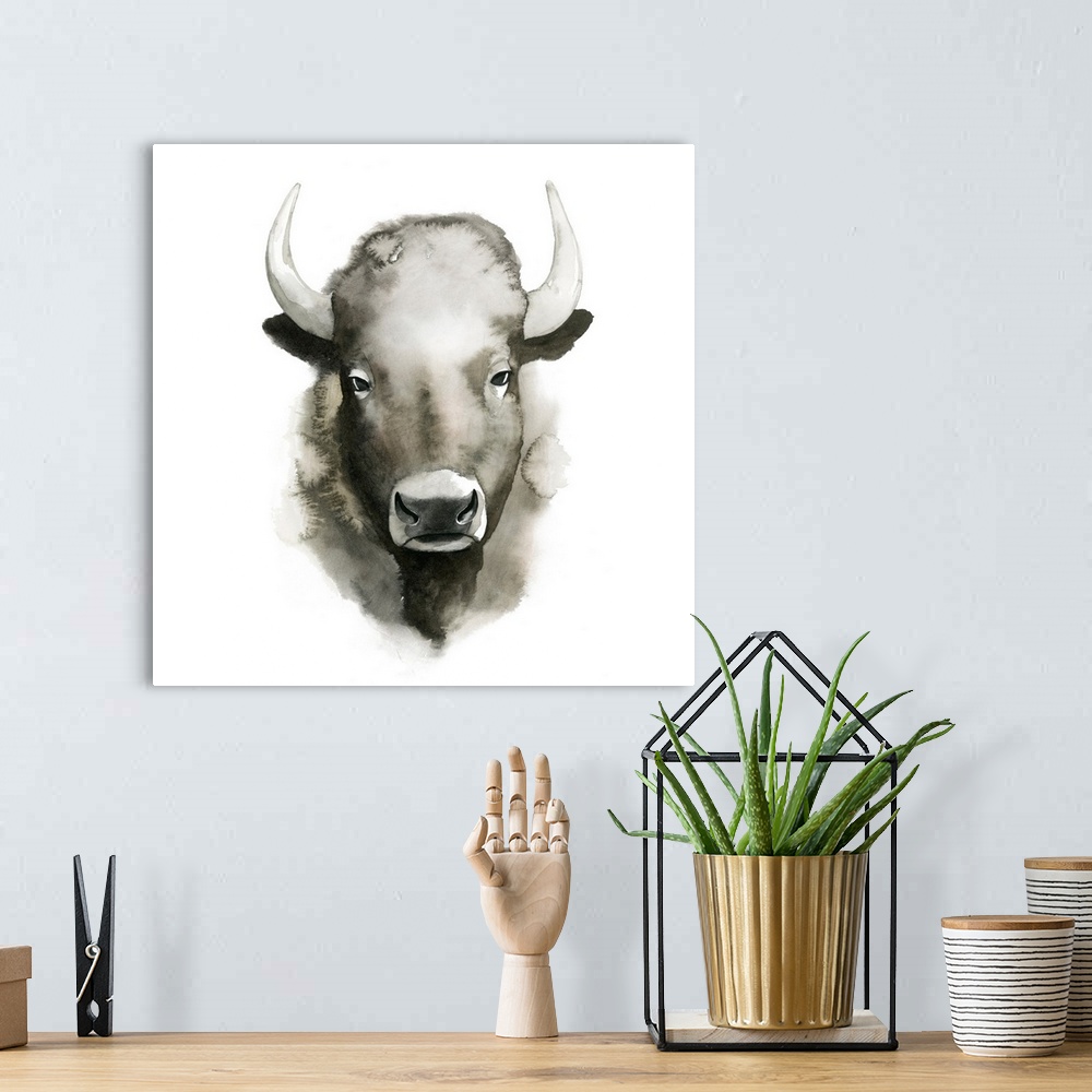 A bohemian room featuring Watercolor portrait of a bison in grey tones.