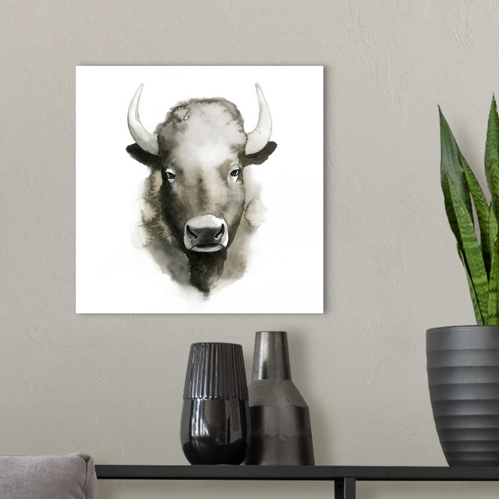 A modern room featuring Watercolor portrait of a bison in grey tones.
