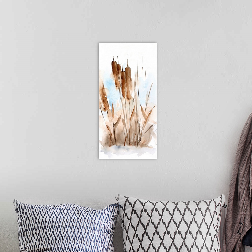 A bohemian room featuring Watercolor Cattail Study I