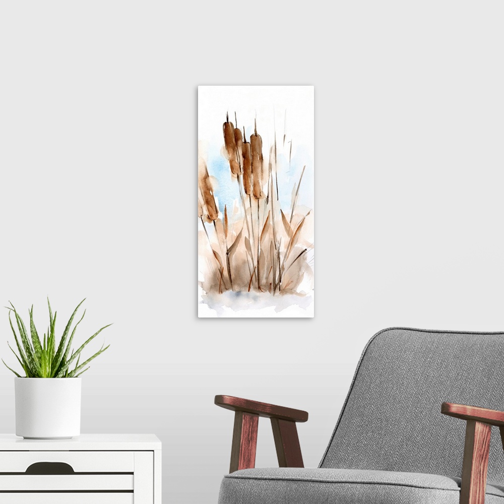 A modern room featuring Watercolor Cattail Study I