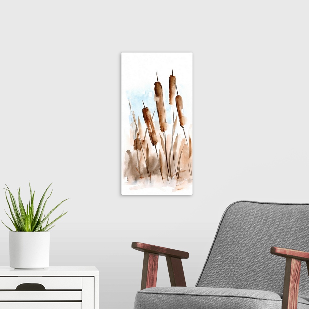 A modern room featuring Watercolor Cattail Study II
