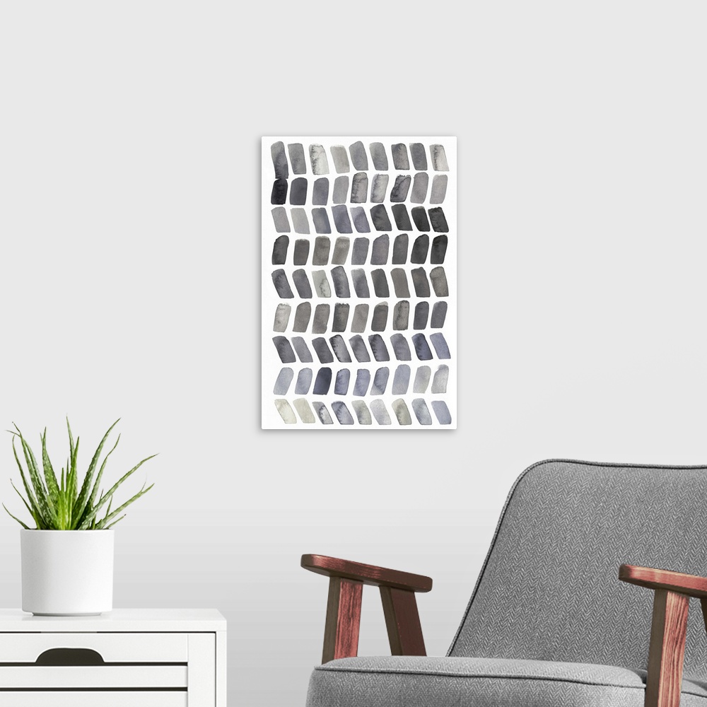 A modern room featuring Watercolor painting of small grey chevron stripes.