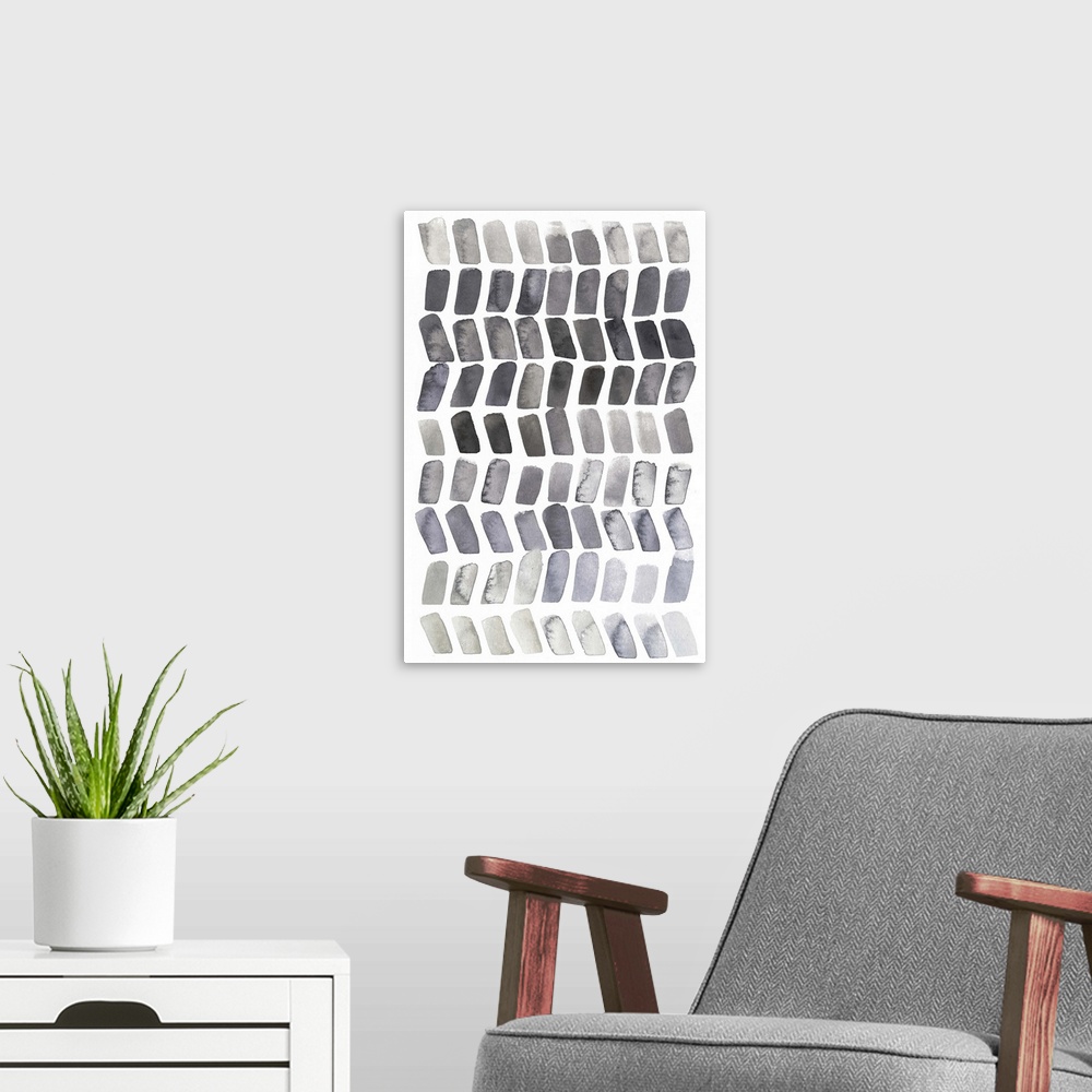 A modern room featuring Watercolor painting of small grey chevron stripes.