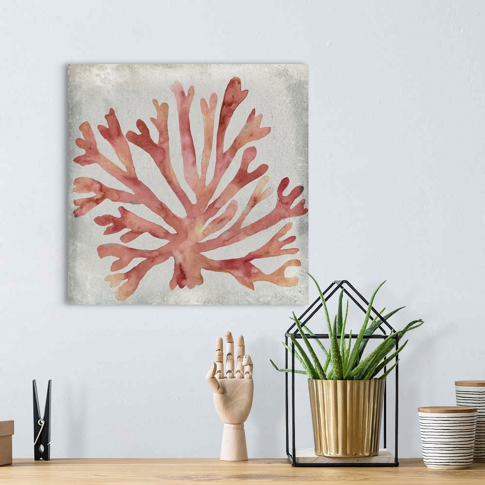 A bohemian room featuring Watercolor painting of coral against a neutral background.