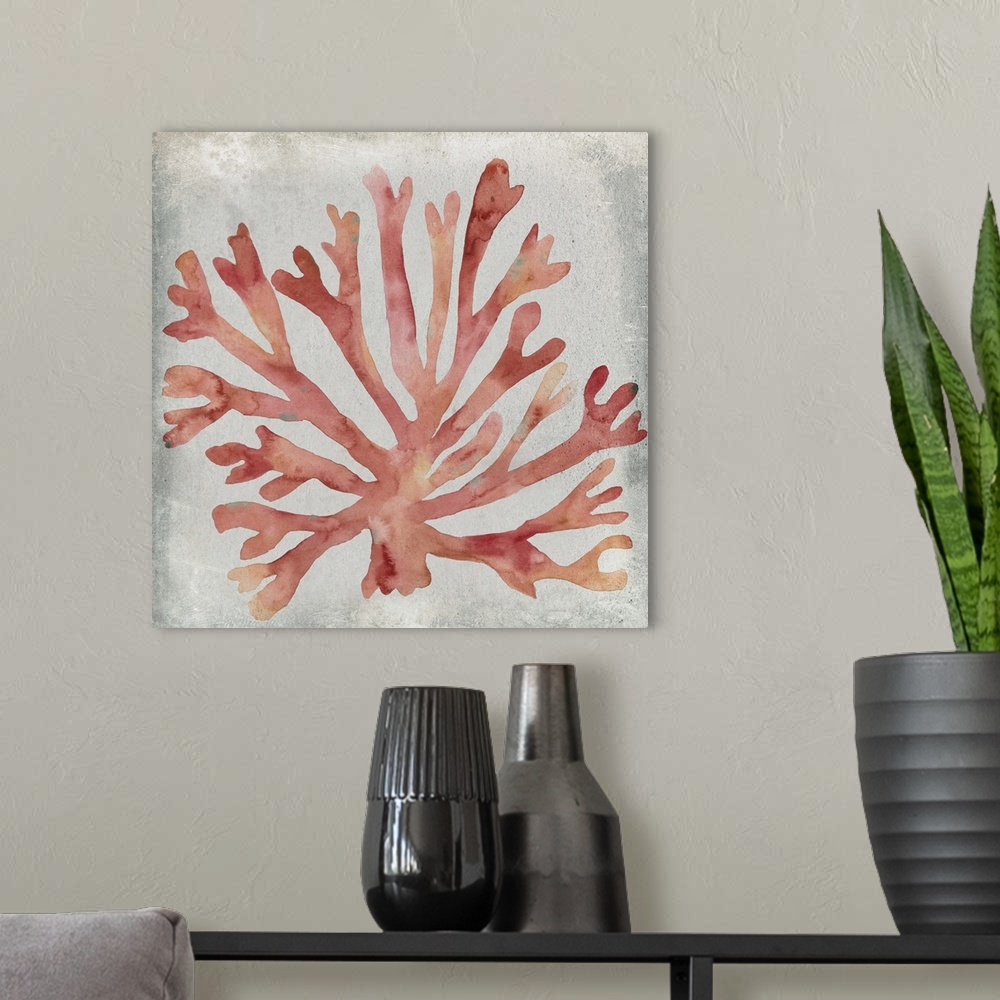 A modern room featuring Watercolor painting of coral against a neutral background.