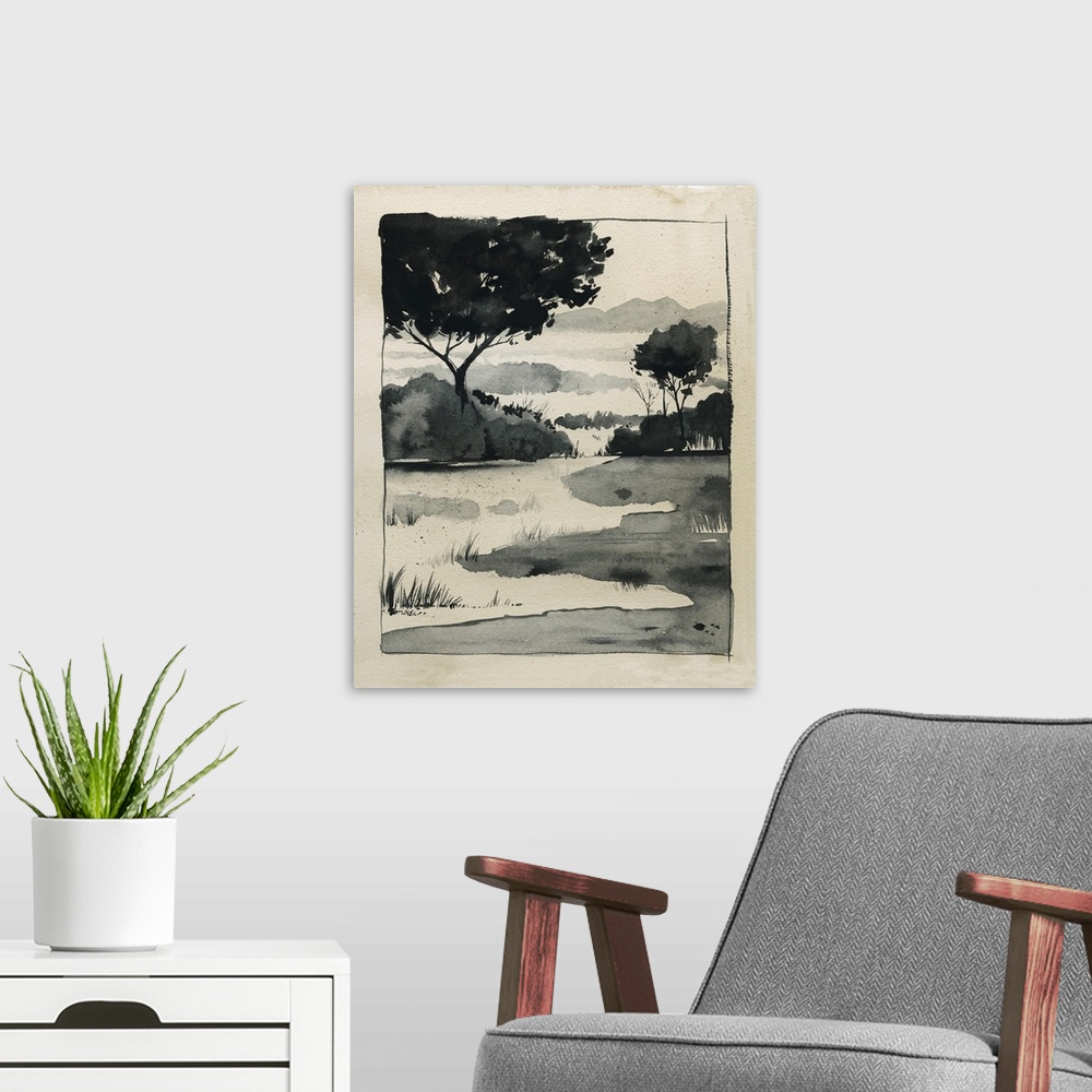 A modern room featuring Watercolor Country Sketch II