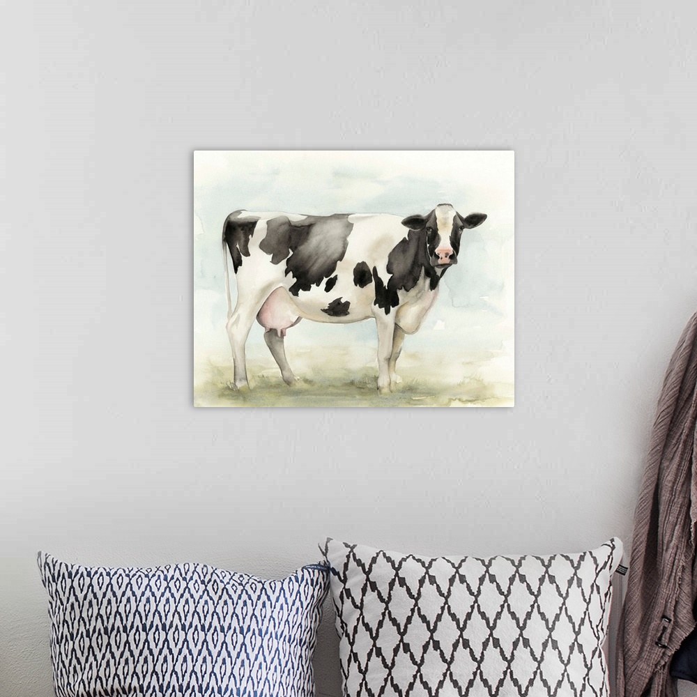 A bohemian room featuring Watercolor Cow I