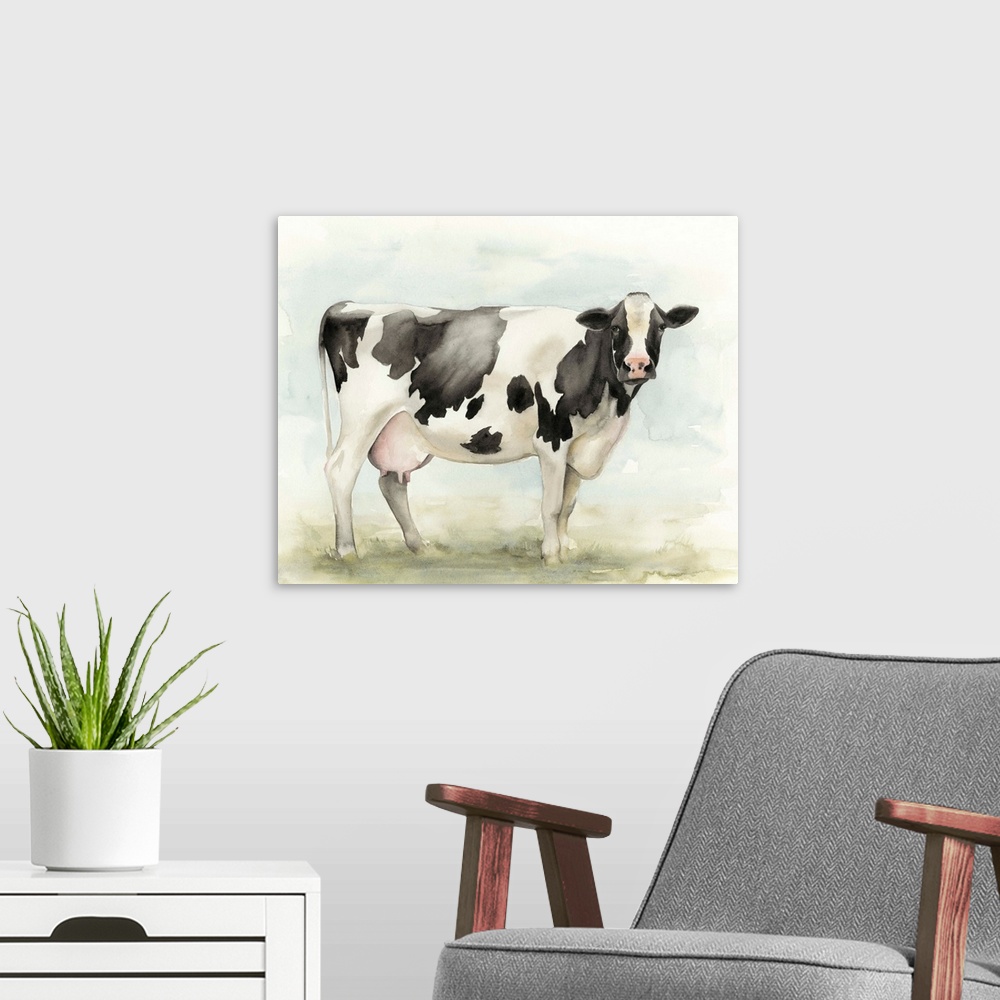 A modern room featuring Watercolor Cow I