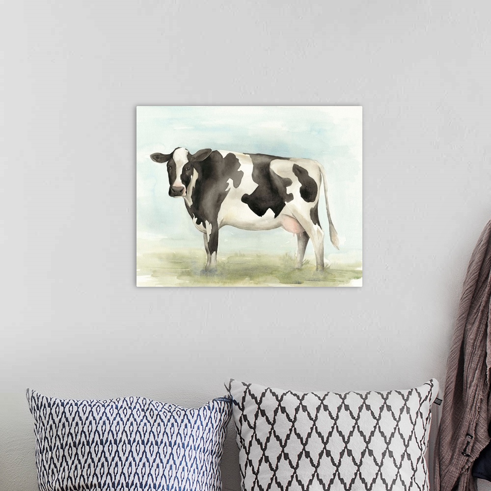 A bohemian room featuring Watercolor Cow II