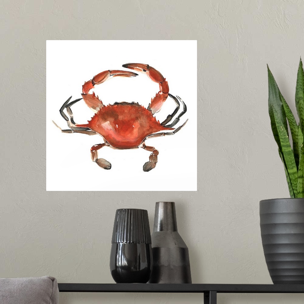 A modern room featuring Square decorative watercolor of a red crab on a white background.
