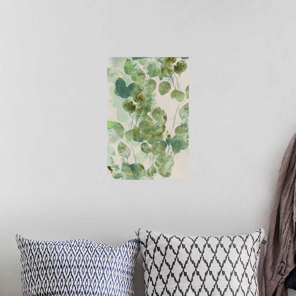 A bohemian room featuring Watercolor painting of green eucalyptus leaves.