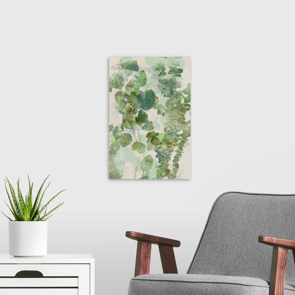A modern room featuring Watercolor painting of green eucalyptus leaves.