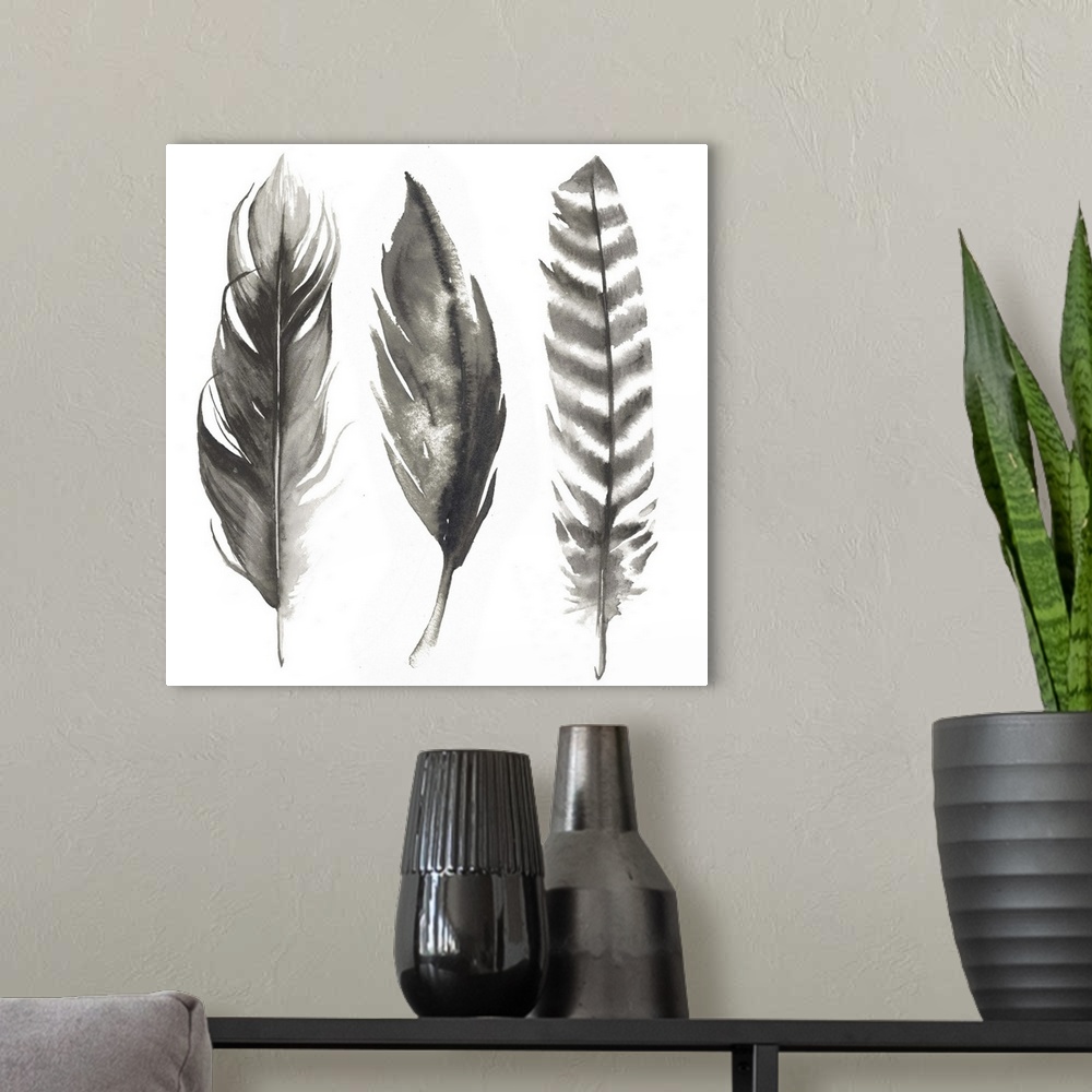 A modern room featuring Contemporary watercolor feathers against a white background.