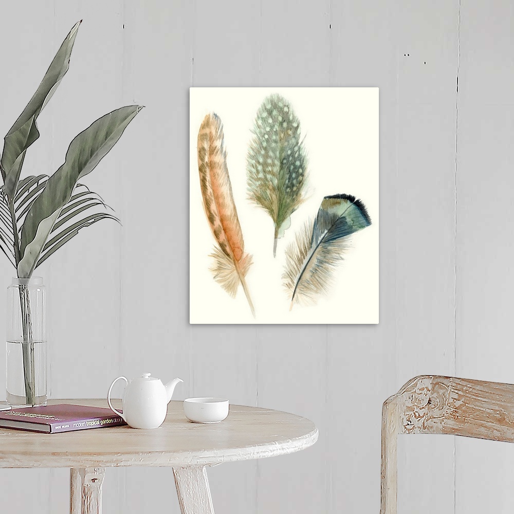 A farmhouse room featuring Contemporary watercolor feather illustrations.