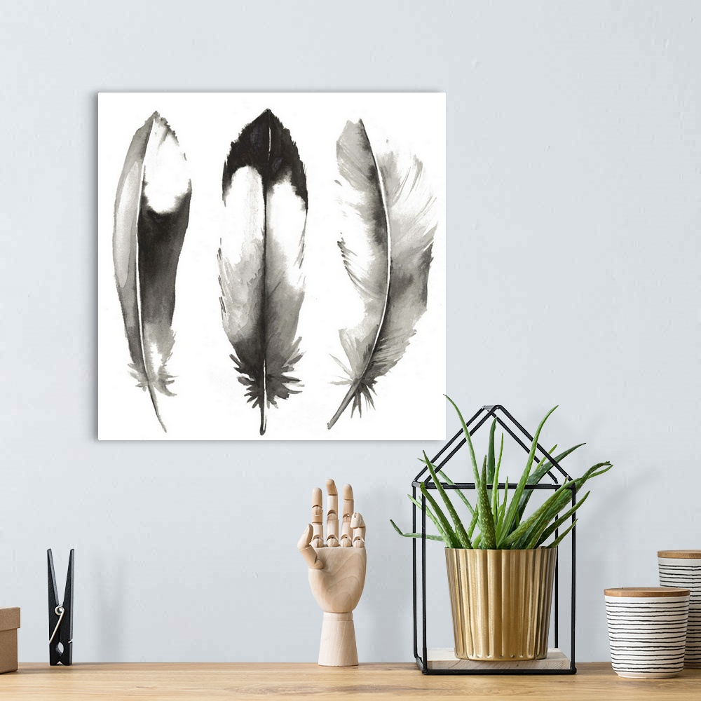 A bohemian room featuring Contemporary watercolor feathers against a white background.