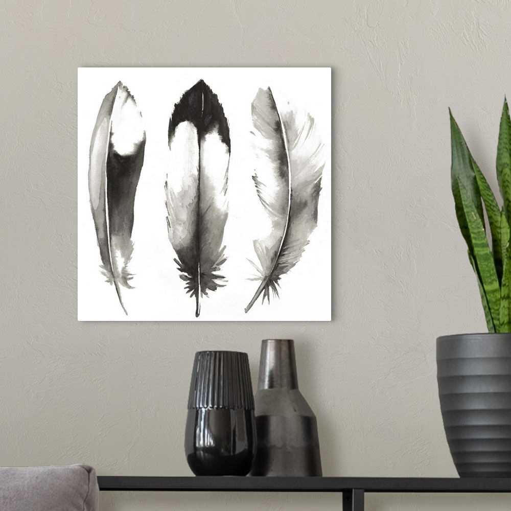 A modern room featuring Contemporary watercolor feathers against a white background.