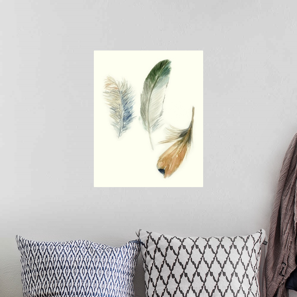 A bohemian room featuring Contemporary watercolor feather illustrations.