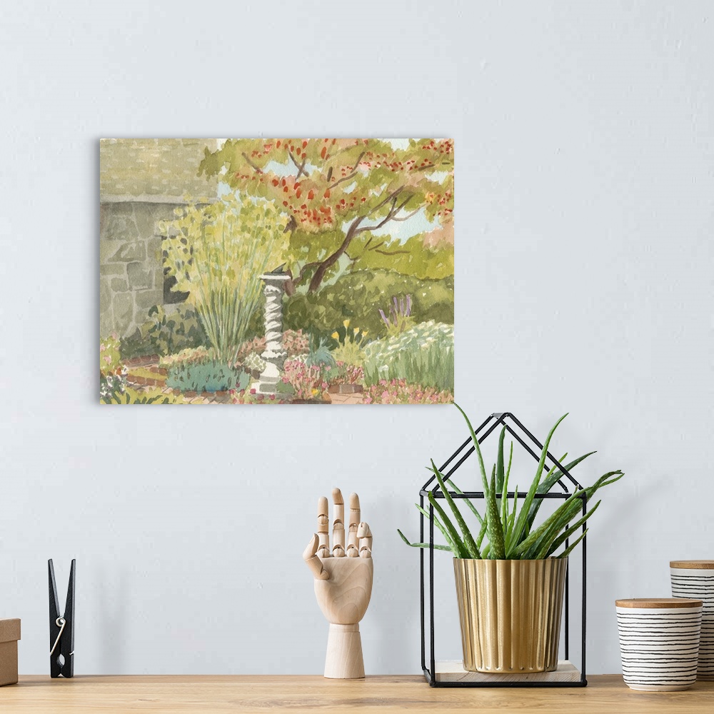 A bohemian room featuring Watercolor painting of tranquil garden scene.