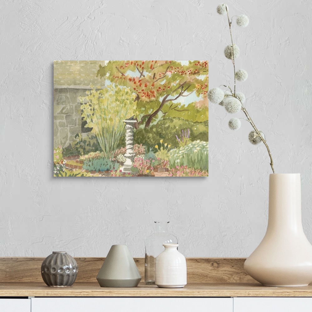 A farmhouse room featuring Watercolor painting of tranquil garden scene.