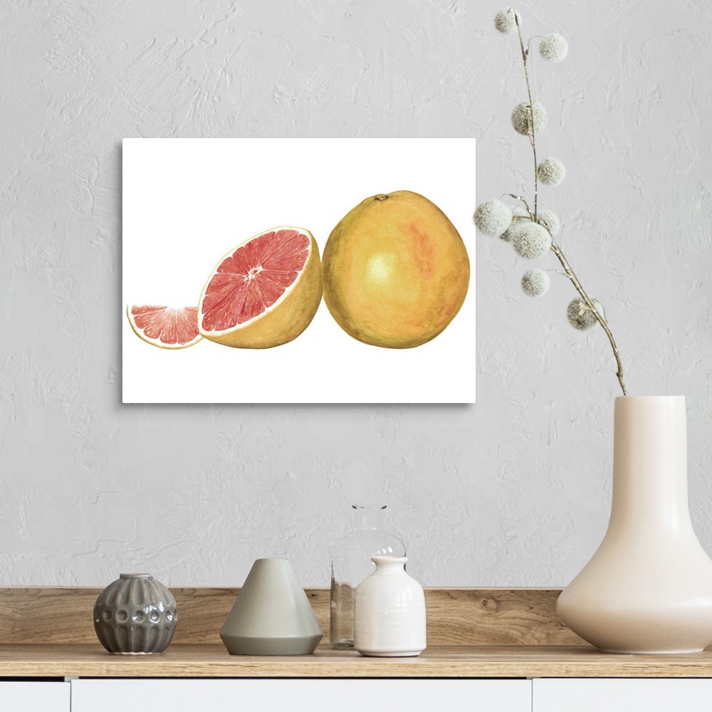 A farmhouse room featuring Watercolor painting of a whole and halved grapefruit against a white background.