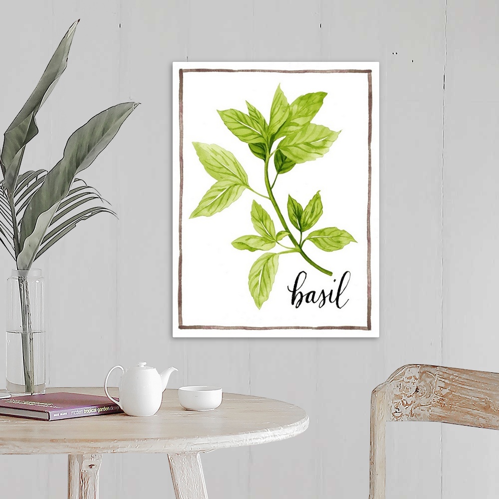 A farmhouse room featuring Watercolor painting of basil leaves on a white background with a brown boarder and the word "basi...