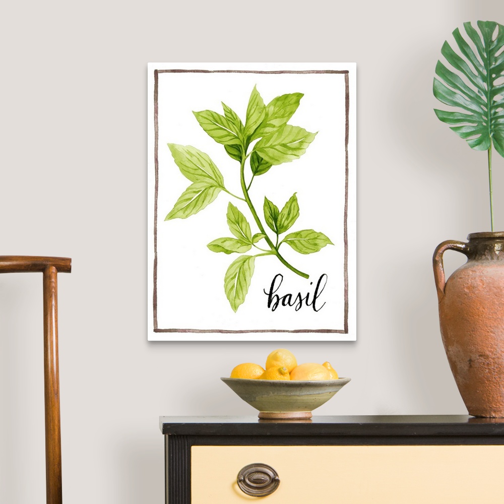 A traditional room featuring Watercolor painting of basil leaves on a white background with a brown boarder and the word "basi...
