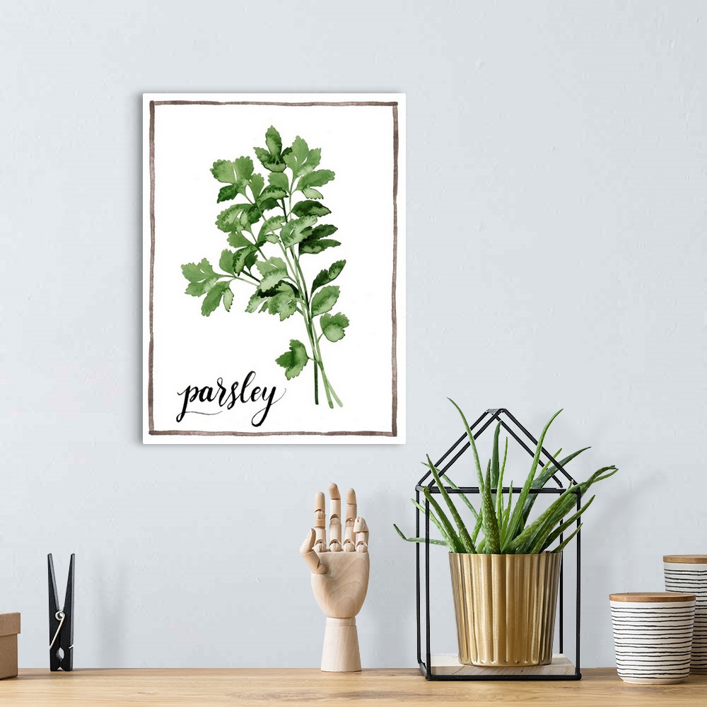 A bohemian room featuring Watercolor painting of parsley leaves on a white background with a brown boarder and the word "pa...