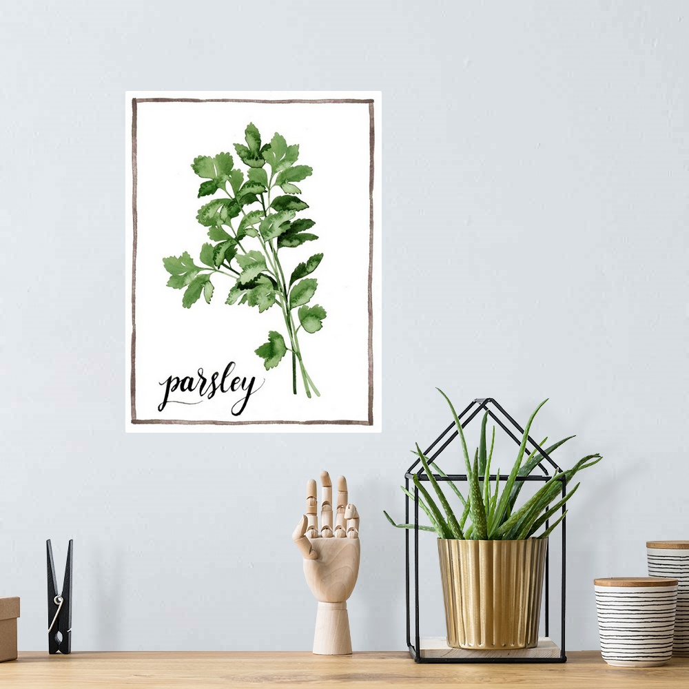 A bohemian room featuring Watercolor painting of parsley leaves on a white background with a brown boarder and the word "pa...