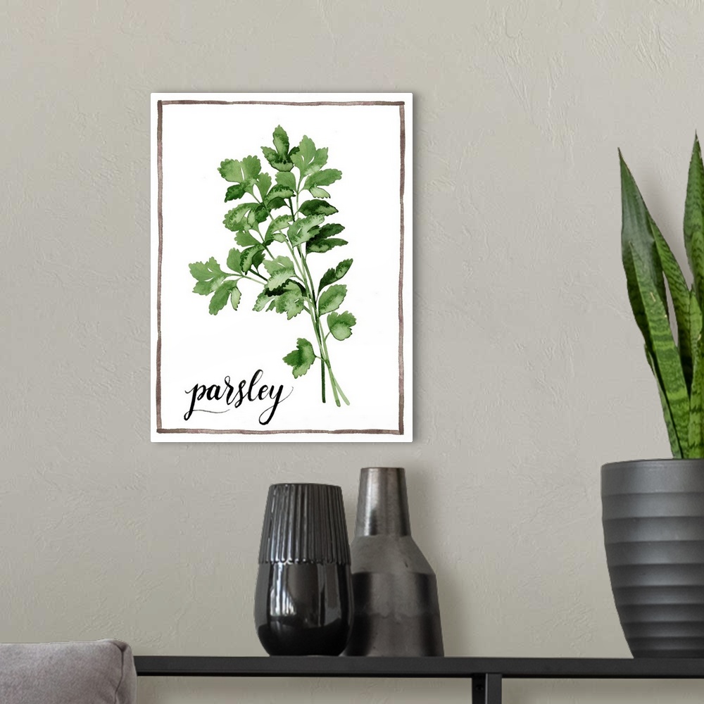 A modern room featuring Watercolor painting of parsley leaves on a white background with a brown boarder and the word "pa...