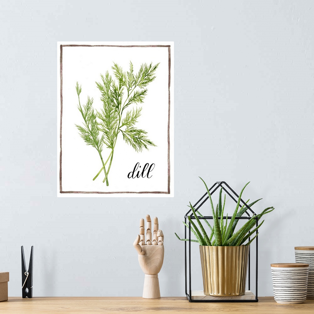 A bohemian room featuring Watercolor painting with springs of dill on a white background with a brown boarder and the word ...
