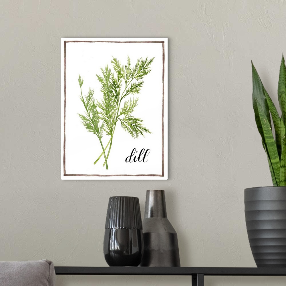 A modern room featuring Watercolor painting with springs of dill on a white background with a brown boarder and the word ...