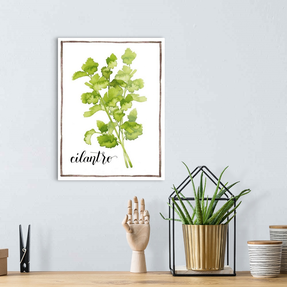 A bohemian room featuring Watercolor painting of cilantro leaves on a white background with a brown boarder and the word "c...