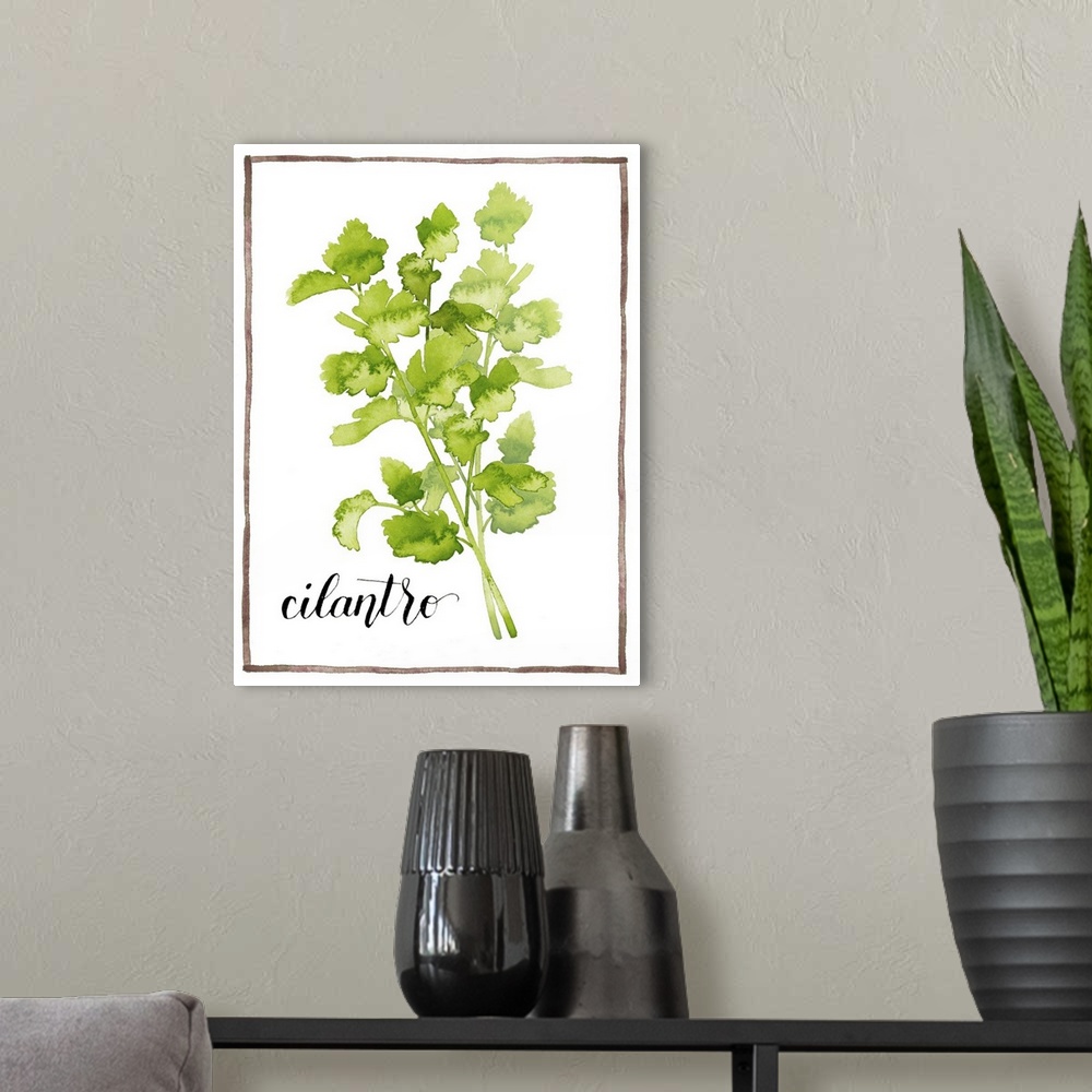 A modern room featuring Watercolor painting of cilantro leaves on a white background with a brown boarder and the word "c...