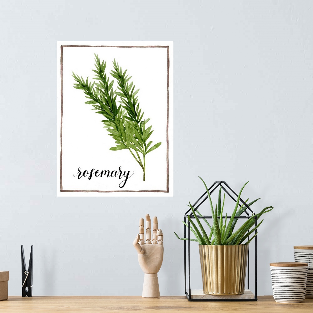 A bohemian room featuring Watercolor painting with sprigs of rosemary on a white background with a brown boarder and the wo...