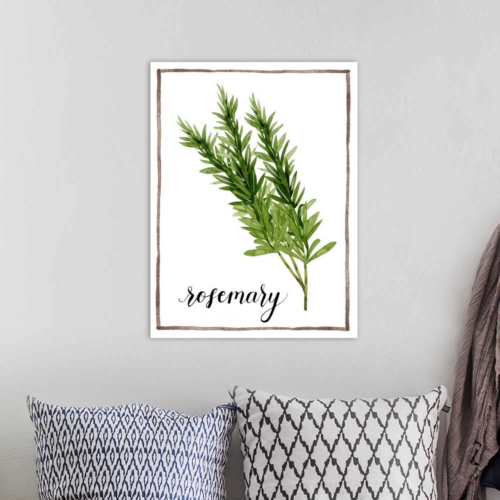 A bohemian room featuring Watercolor painting with sprigs of rosemary on a white background with a brown boarder and the wo...