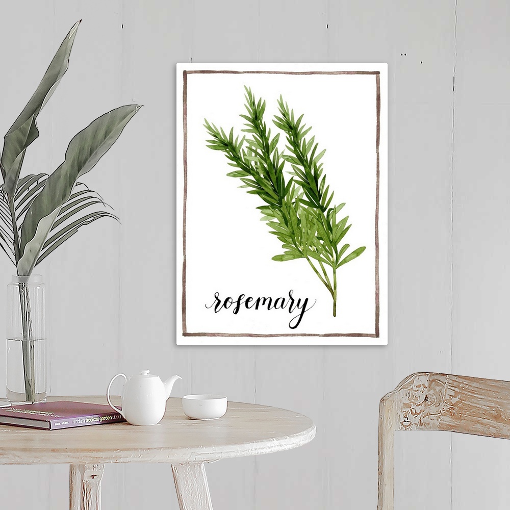 A farmhouse room featuring Watercolor painting with sprigs of rosemary on a white background with a brown boarder and the wo...