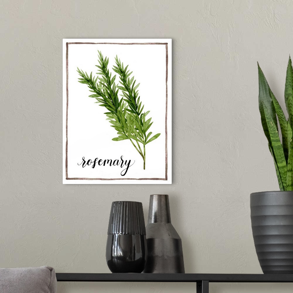 A modern room featuring Watercolor painting with sprigs of rosemary on a white background with a brown boarder and the wo...