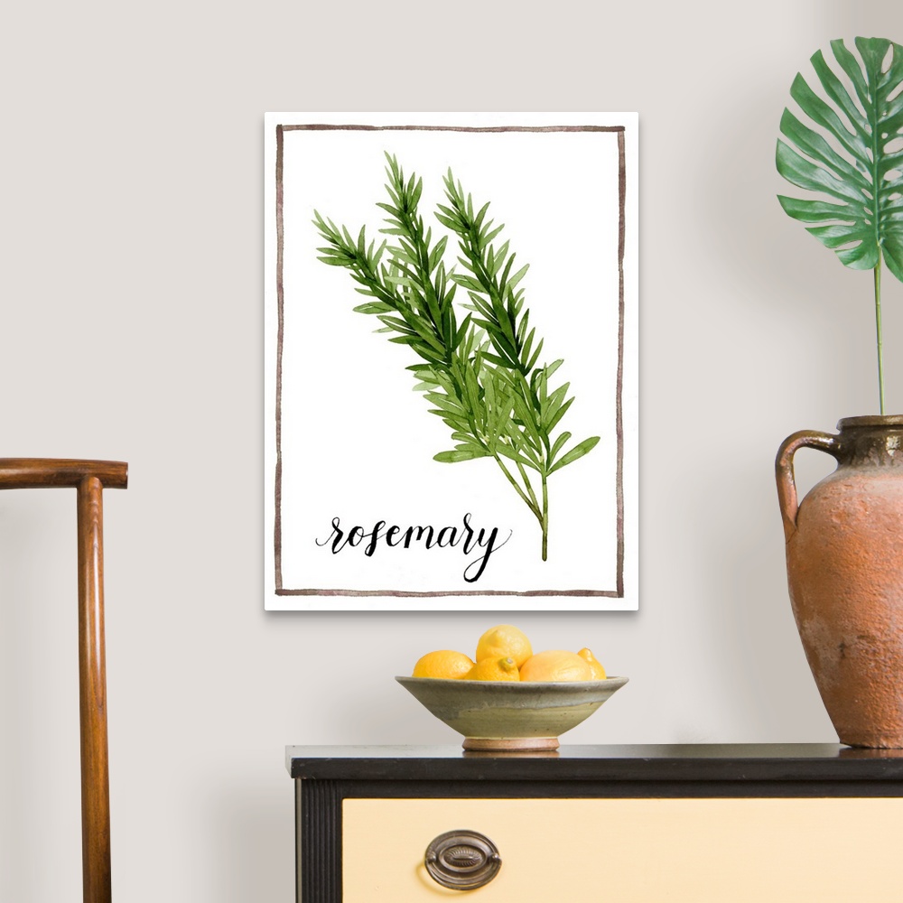 A traditional room featuring Watercolor painting with sprigs of rosemary on a white background with a brown boarder and the wo...