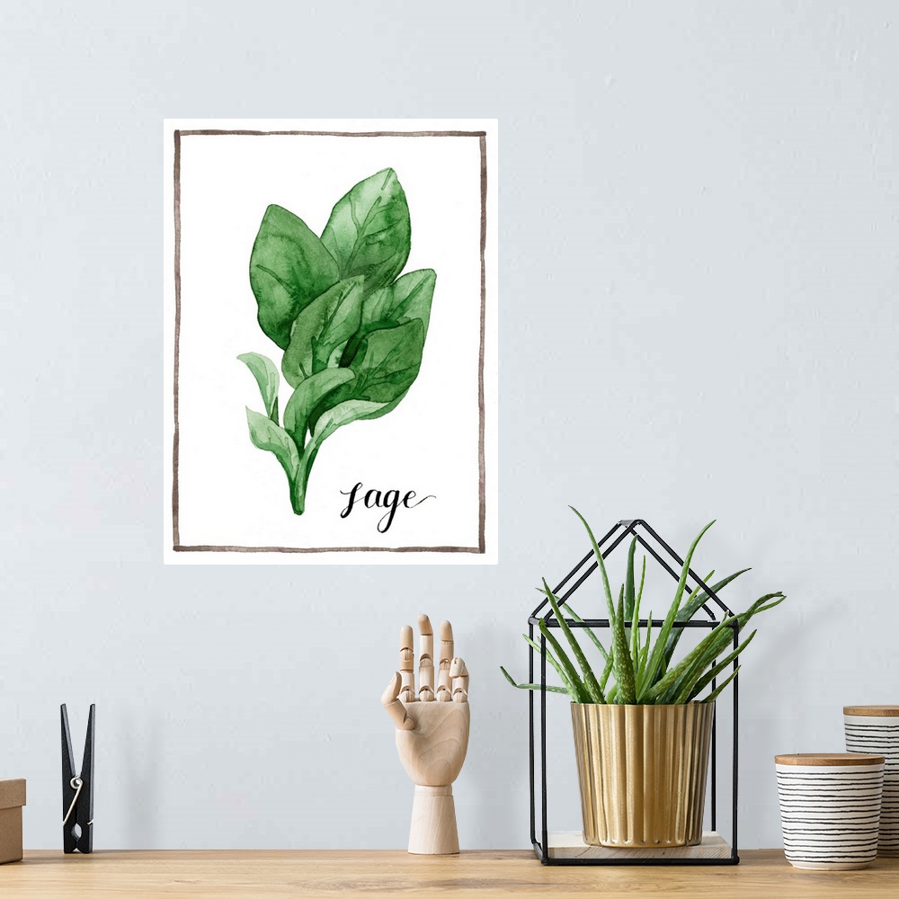 A bohemian room featuring Watercolor painting of sage leaves on a white background with a brown boarder and the word "sage"...