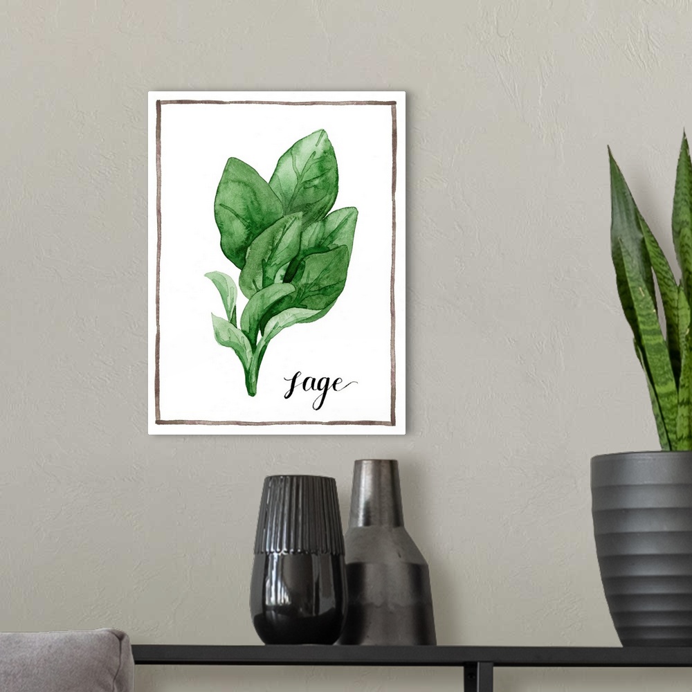 A modern room featuring Watercolor painting of sage leaves on a white background with a brown boarder and the word "sage"...