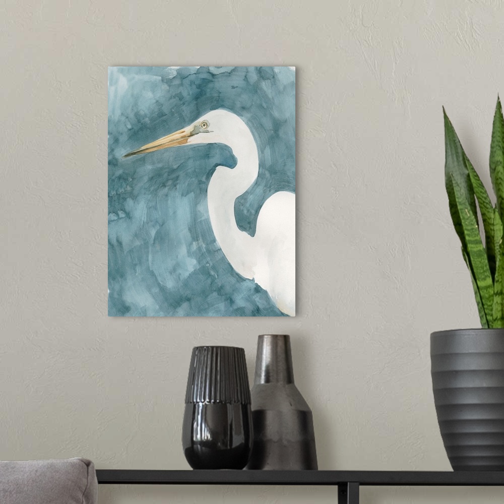 A modern room featuring Watercolor Heron Portrait I