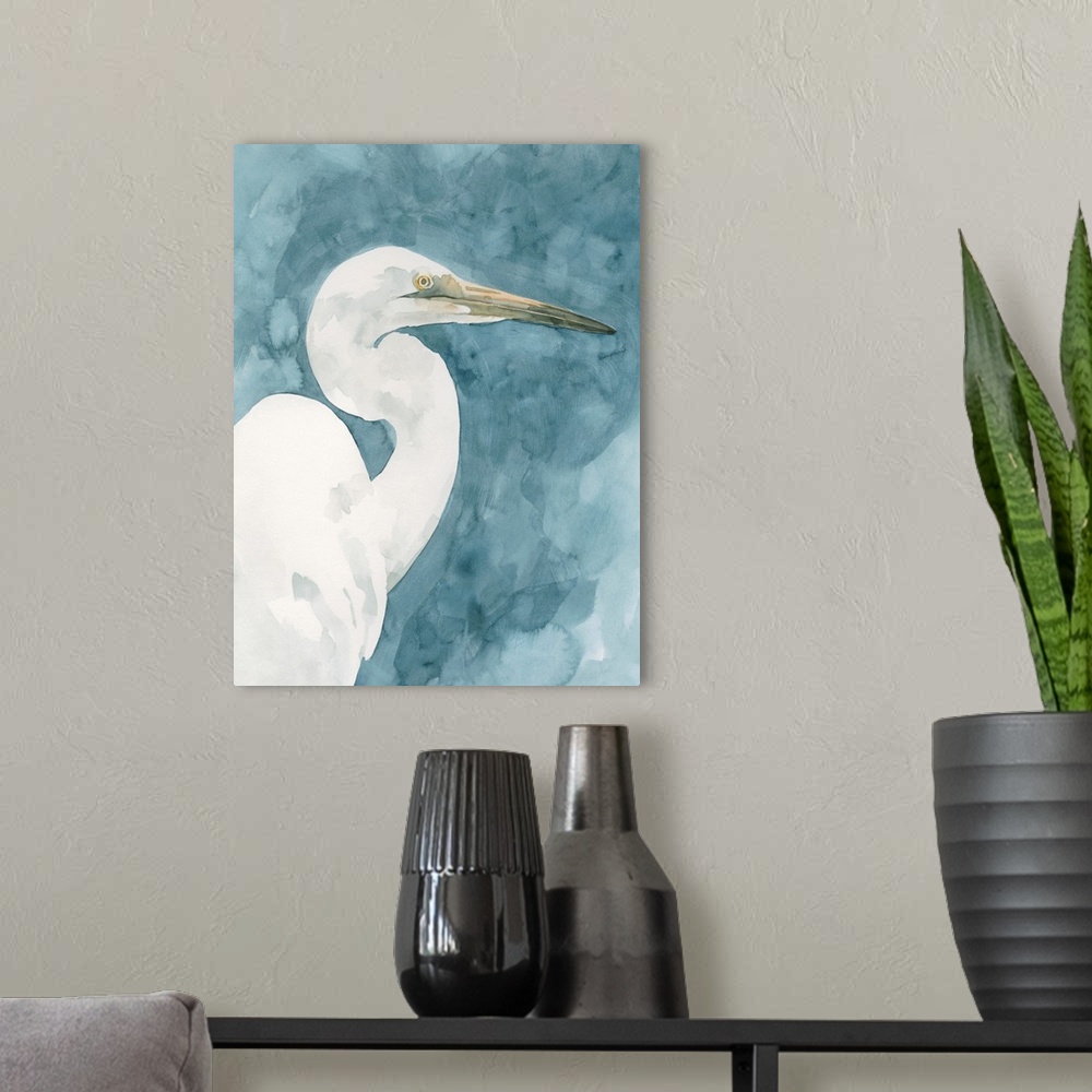 A modern room featuring Watercolor Heron Portrait II