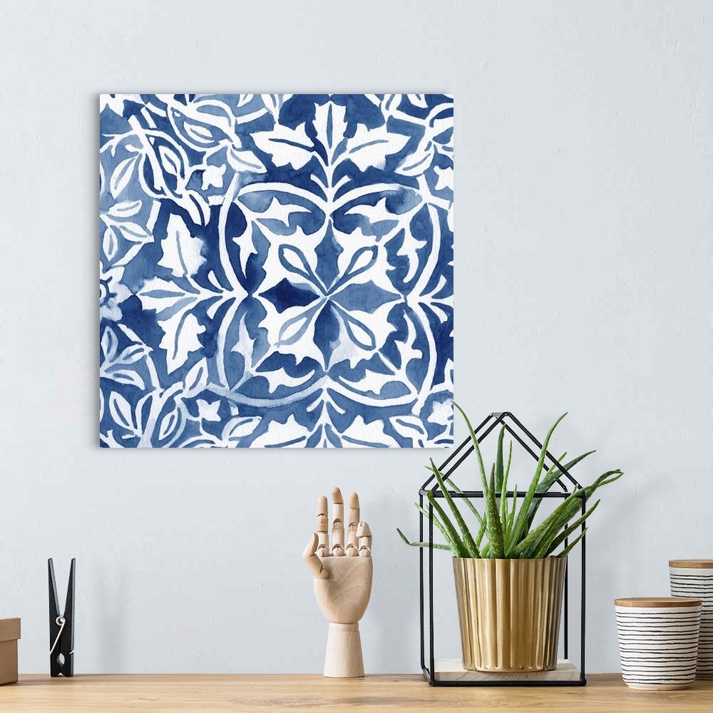 A bohemian room featuring Elaborate indigo blue patterns in watercolor.