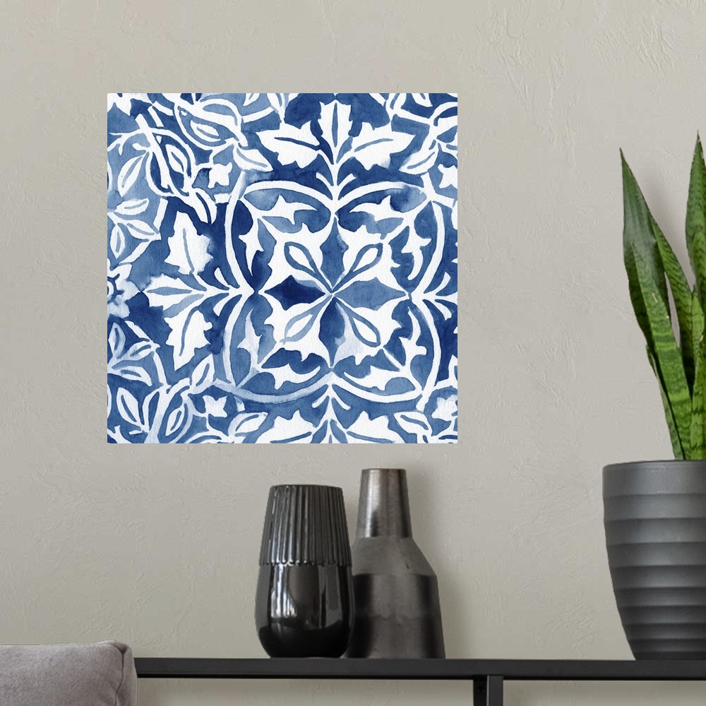 A modern room featuring Elaborate indigo blue patterns in watercolor.