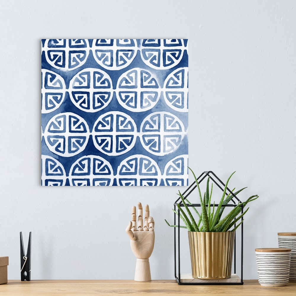 A bohemian room featuring Elaborate indigo blue patterns in watercolor.