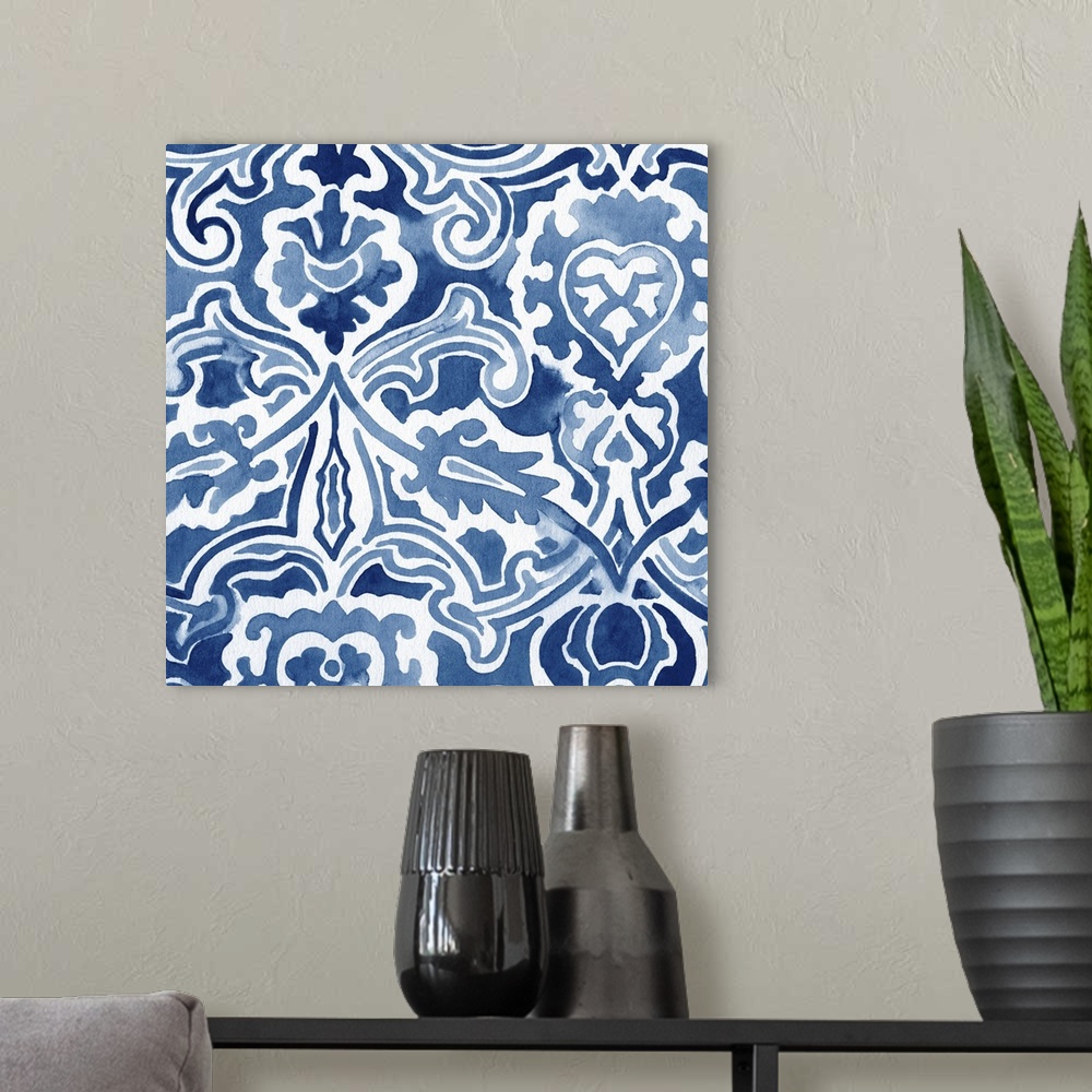 A modern room featuring Elaborate indigo blue patterns in watercolor.