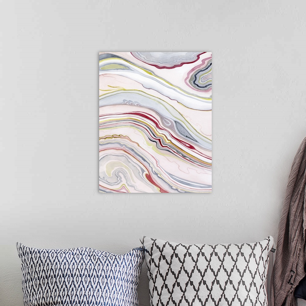 A bohemian room featuring Abstract painting in marbled lines of pink, red, and yellow, resembling agate formations.