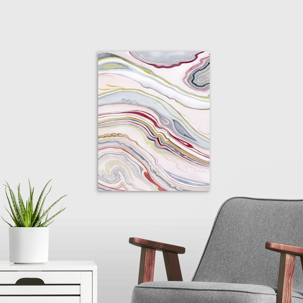 A modern room featuring Abstract painting in marbled lines of pink, red, and yellow, resembling agate formations.